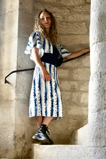 Full view of 2 piece blue and white river dress and bolero