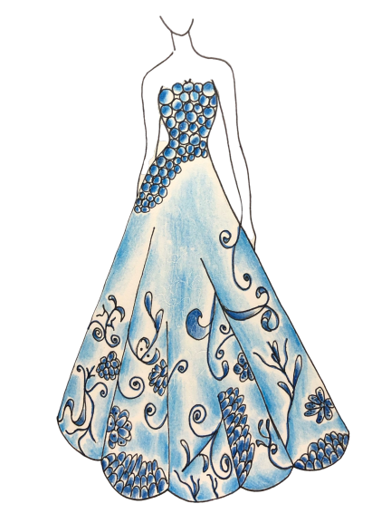 Dessin d'une longue robe de soirée bleu pâle richement décorée