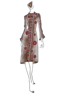Dessin d'une robe à manches longues marron avec des motifs rouge champignon