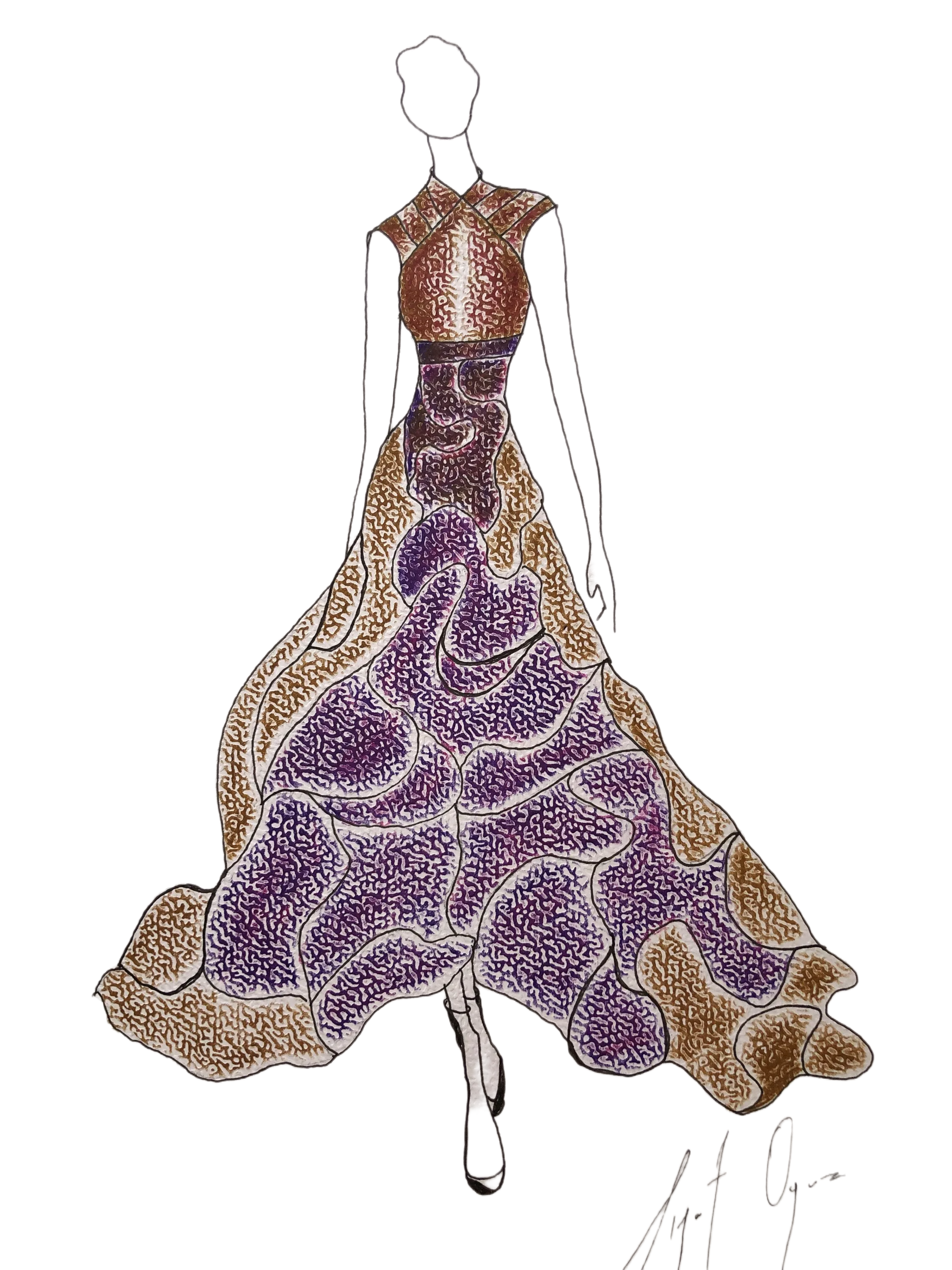 Robe longue marron à motifs complexes
