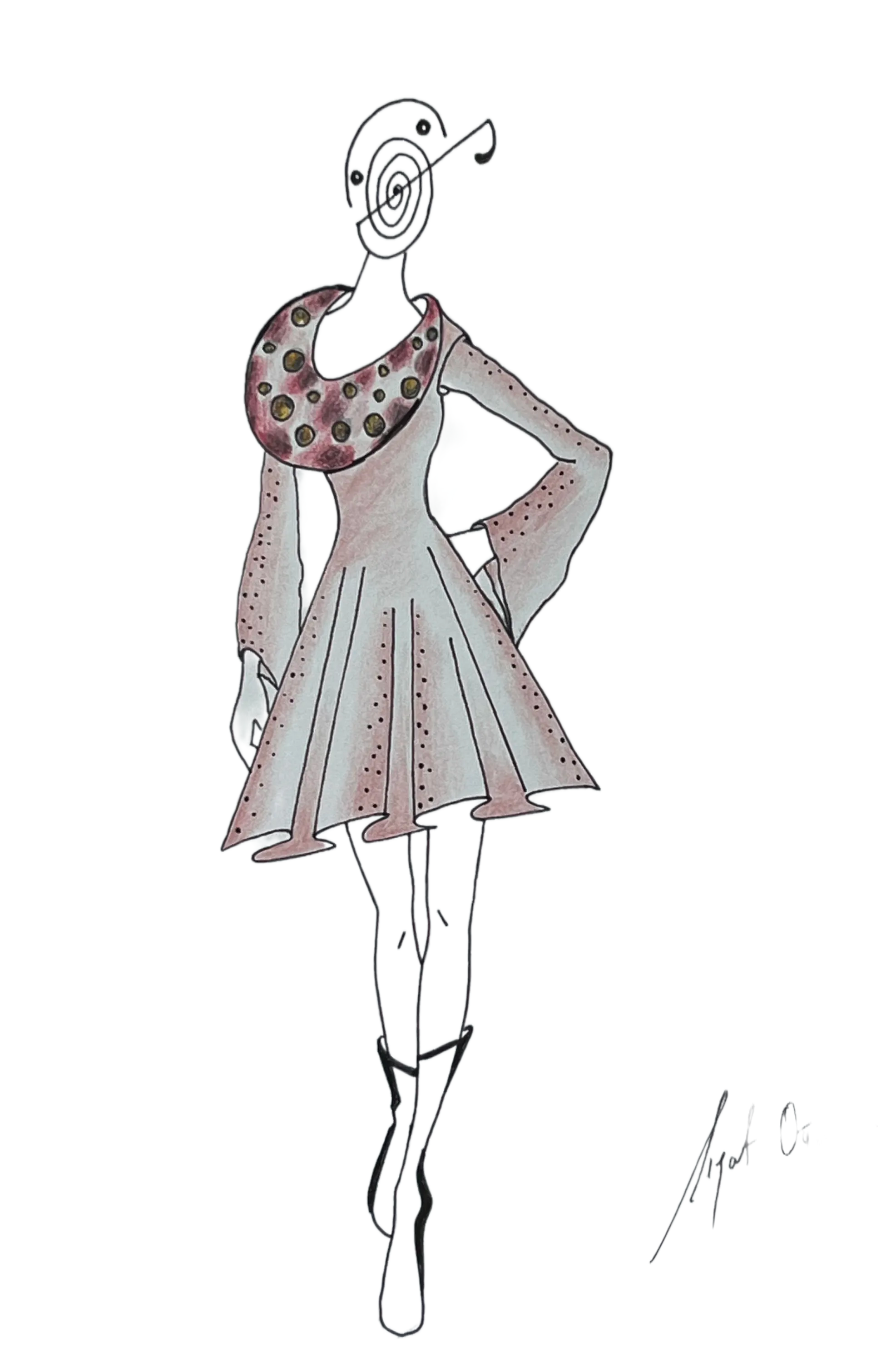 Dessin d'une robe à manches longues avec de larges volants Col